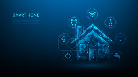 Illustration for Smart home internet of things on blue dark background. home control system and technology icons. house control device. vector illustration fantastic hi tech design. iot automation concept. - Royalty Free Image