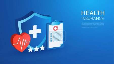 isometric health care insurance service on blue background. Clipboard with healthy document form. medical services and medicines. hospital expenses finance. vector illustration website banner.