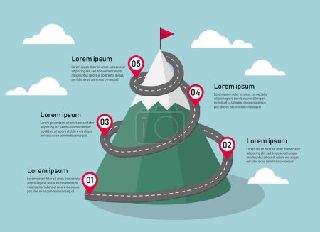 Illustration for Business mountain to success infographic 5 element. route to goal. leadership and motivation. business to mission concept ector illustration in flat style modern design. - Royalty Free Image