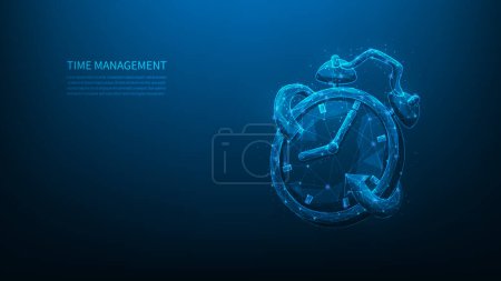 Illustration for Alarm clock management digital technology.business time planning low poly wireframe. working time and organization efficiency.project deadline concept. wake up on blue background. vector illustration. - Royalty Free Image