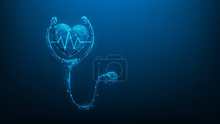 Illustration for Heart and line pulse with stethoscope digital technology. healthcare and medical hologram low poly wireframe. Doctor concept and physical examination.  hospital and treatment blue dark background. - Royalty Free Image