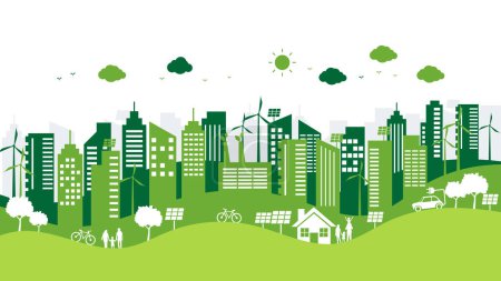 Illustration for Ecology and environment with green city on white background. renewable friendly energy sources. sustainable for billboard or web banner. save protection world concept. vector illustration flat style. - Royalty Free Image