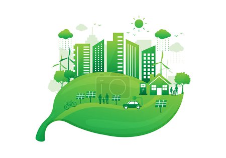 Téléchargez les illustrations : Ecology city with environmentally friendly on leaf. world environment day and sustainable development. green city save the world. vector illustration in flat style modern design.ecology city with environmentally friendly on leaf. world environment da - en licence libre de droit