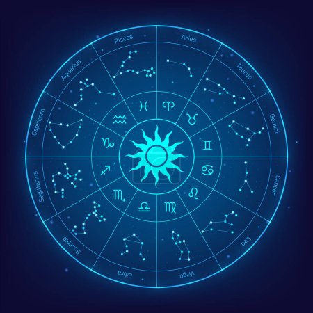 Téléchargez les illustrations : Horoscope sign in twelve zodiac circle background. set astrological symbols. astrology fantastic wheel. vector illustration digital design. - en licence libre de droit