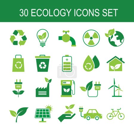 Illustration for 30 green ecology icon set.  energy sign and symbol. conservation saving support and solution. isolated on white background. environment and sustainable concept. vector illustration flat design. - Royalty Free Image