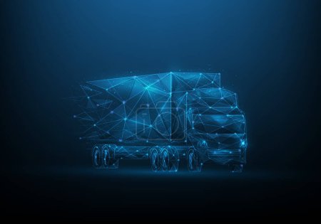 Photo for Logistics low poly wireframe on blue dark background. delivery truck consist of lines, dots and triangle. business worldwide shipping. cargo technology. vector illustration fantastic digital design. - Royalty Free Image