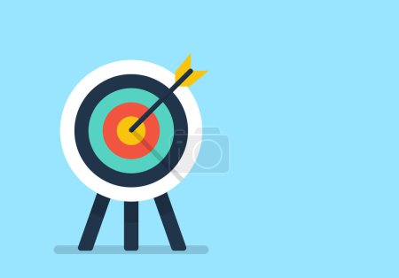 Illustration for Goal business with arrow center target. business strategy concept for success. bullseye shooting dartboard. achieve aim complete. copy space for text input. vector illustration in flat style. - Royalty Free Image