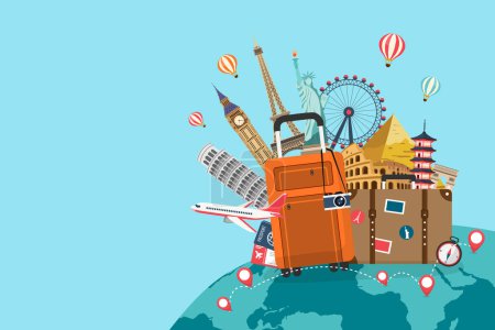 Illustration for Tourism landmarks with luggage and planes. travel famous attractions around the world. road trip holiday vacation conept. Airline plane tourism fly on earth. vector illustration in flat style. - Royalty Free Image