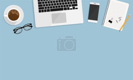 Photo for Top view office desk with laptop, notebooks and coffee cup on blue background. Creative flat layo of workspace desk with copy space. vector illustration modern flat design. flat lay. - Royalty Free Image