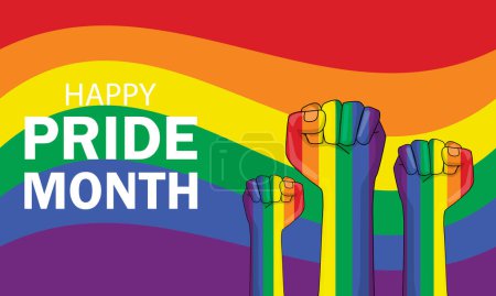 Illustration for Hand fight flag rainbow background. happy pride month day. equality of human rights in love. lgbtq gender diversity poster concept. vector illustration in flat style. - Royalty Free Image