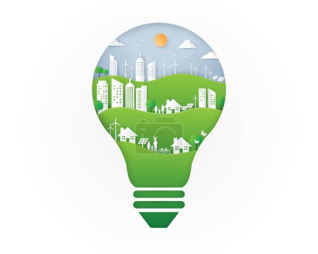 Illustration for Ecology friendly light bulb shape with green city. save ecosystem environment and energy concept. eco friendly world day. sustainable recycled building. Vector illustration paper cut style. - Royalty Free Image