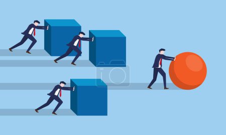Illustration for Work smarter not harder concept. businessman pushes sphere. business strategy direction to goals. Different thinking leads to success. vector illustration. effective work leader achievement. - Royalty Free Image