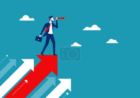 Illustration for Businessman standing on flying red arrows. holding telescope looking for opportunities. Business vision leadership to success. different strategy thinking. vector illustration flat design. - Royalty Free Image