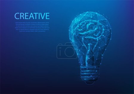 Illustration for Human brain light bulb low poly wireframe. creative idea innovation. learning startup lamp symbol. vector illustration digital technology design. - Royalty Free Image