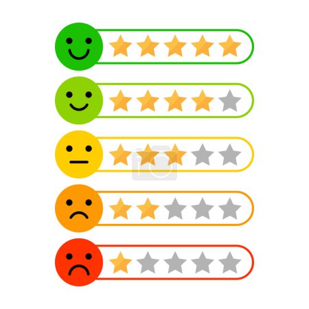 Illustration for Customer satisfaction level with rating stars icon. feedback emotion scale customer symbol. vector illustration in flat style modern design. isolated on white background. - Royalty Free Image