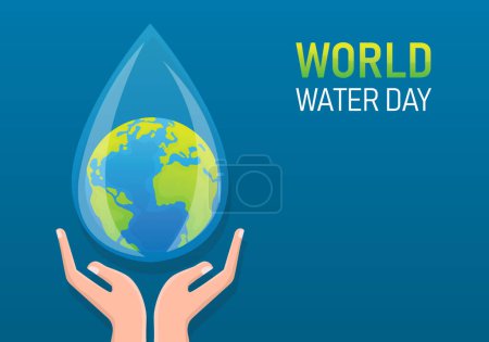 Photo for World water day poster campaign on blue background. hand hold save earth drop water in 22 March. vector illustration in flat style modern design. copy space for text input. - Royalty Free Image