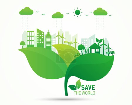 Illustration for Ecology and environment with city and home on leaf. save the world concept. vector illustration in flat style modern design. solar panels and wind turbines renewable energy. - Royalty Free Image