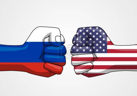 Illustration for Flags on hand conflict between Usa and Russia. Conflict of the country concept. vector illustration in flat style modern design - Royalty Free Image