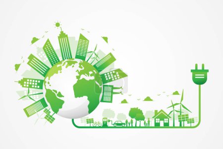 Illustration for Green city sustainable ecology and energy plug power. eco cityscape on earth. world environment day. - Royalty Free Image