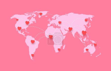 Ilustración de Mapa del mundo de corazones en el Día de San Valentín. amor en todo el mundo. ilustración vectorial en diseño moderno de estilo plano. Romance y citas en línea. - Imagen libre de derechos