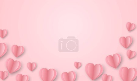 Illustration for Paper cut heart flying on pink background. Happy Valentine's Day, Women's, Mother's greeting card. vector illustration in origami craft style. - Royalty Free Image