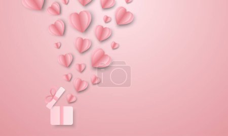 Illustration for Hearts paper cut flying gift box on pink background. happy valentine's day. love in shape postcard. vector illustration in origami craft style. copy space for text input. - Royalty Free Image