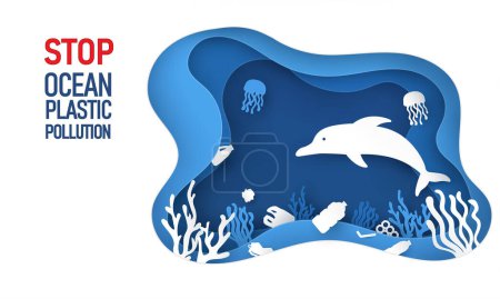 Téléchargez les illustrations : Arrêter la pollution plastique coupe de papier d'affiche. Dauphin en fond sous-marin avec déchets plastiques et récifs coralliens. illustration vectorielle en origami style artisanal. Sauver l'océan et l'eau concept. - en licence libre de droit