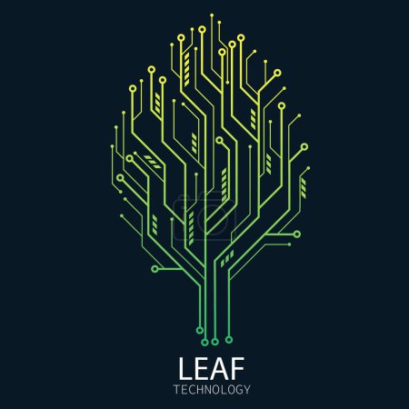 Illustration for Leaf data digital technology network symbol. biology  green line circuit ecology business. tree network nature line connection. vector illustration design. sustainable electricity concept. - Royalty Free Image