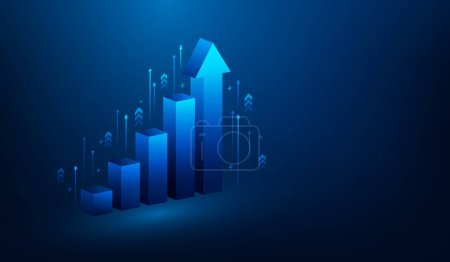 Illustration for 3d business investment and graph arrow up growth on blue dark background. achievement technology. income and return on investment. trading stock market increase concept. vector illustration fantastic. - Royalty Free Image