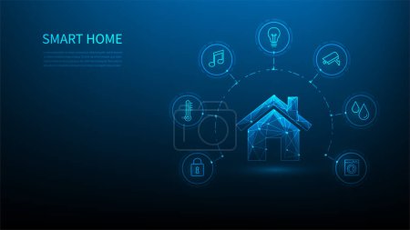 Téléchargez les illustrations : Technologie maison intelligente numérique avec dispositif sur fond bleu. - en licence libre de droit