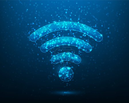 Illustration for Wifi internet communication digital technology on blue background. high wifi network symbol dot and line. vector illustration fantastic hi-tech technology. - Royalty Free Image