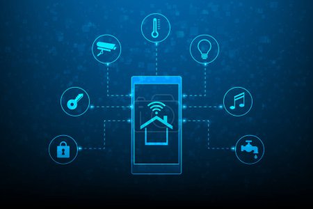 Illustration for Smart home digital technology on mobile phone. Internet of thing home automation system. mobile control electronic device in house. iot concept with icon. - Royalty Free Image