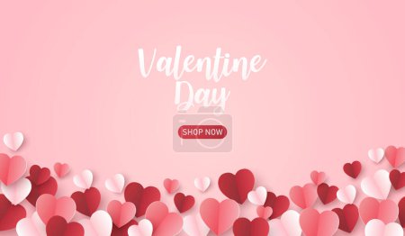 Valentinstag mit Herzpapier auf rosa Hintergrund. Vektor Illustrationspapier Bastelstil. Liebe für eine glückliche Valentinskarte. Kopierraum für Text.