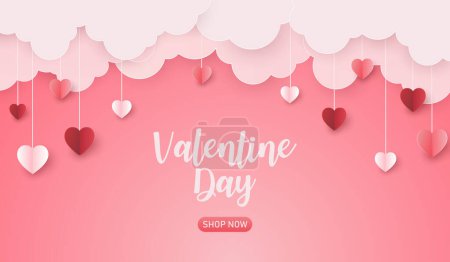 Illustration for Valentine's day sale cloud and hang heart paper cut on pink background. love for happy  valentine greeting card. copy space for text. Vector illustration paper cut style. - Royalty Free Image
