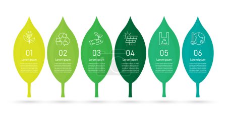 Illustration for Leaf ecology infographic six element icon on background. save ecosystem environment and energy. earth nature day. vector illustration. solar cell and wind power. recycling and renewable energy sign. - Royalty Free Image