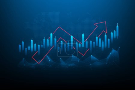 Illustration for Business stock graph increase with arrow up technology. investment graph growth on blue dark background. stock market trading success. candlestick arrow income economy increase. vector illustration. - Royalty Free Image
