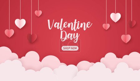 Illustration for Valentines sale with hearts and clouds holding paper craft on pink background.  Vector illustration paper cut style. love for happy  valentine's day greeting card. copy space for text. - Royalty Free Image