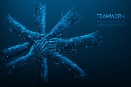 Photo for Holding hand teamwork technology on blue dark background. people friendship support to success. consist of lines, dots and triangle. vector illustration in fantastic digital design. - Royalty Free Image