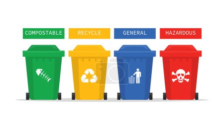 Illustration for Colorful recycling bins for waste separation. recycle infographic. isolated on white background. Trash type bin for garbage organic, plastic, glass, paper, metal. vector illustration. - Royalty Free Image
