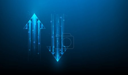 Illustration for Stock market investment graph arrow up and down technology on blue background. business trading increase and decrease. vector illustration fantastic hi tech design. download and upload speed. - Royalty Free Image