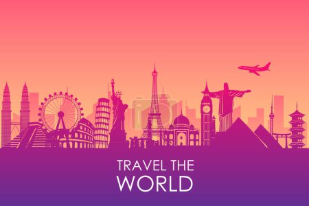 Illustration for Travel to world on banner background. Landscape template tourism cards. road trip. vacation as in holiday. city scape around the world. vector illustration in flat style modern design. - Royalty Free Image