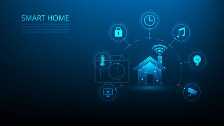 Illustration for Smart home technology with devices icon on blue background. home control system and technology icons. house control device. vector illustration fantastic hi tech design. iot automation concept. - Royalty Free Image