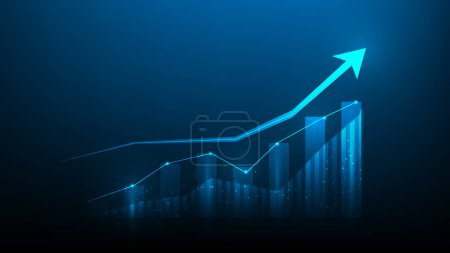Photo for Business investment graph arrow growth up. chart finance increase. isolated on blue dark background. vector illustration fantastic low poly wireframe design. - Royalty Free Image