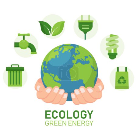 Illustration for Ecology concept banner with symbol elements background. hand holding green world. environment and sustainable concept. conservation saving support and solution. vector illustration flat design. - Royalty Free Image