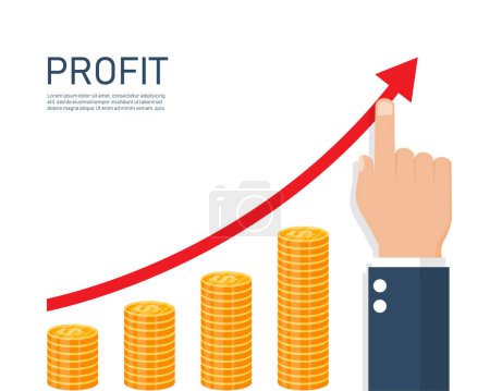 Illustration for Businessman hand pointing graph arrow financial increase. Dollar pile and profit growth concept.business and finance. Vector illustration flat design.Successful investment plans. On white background. - Royalty Free Image