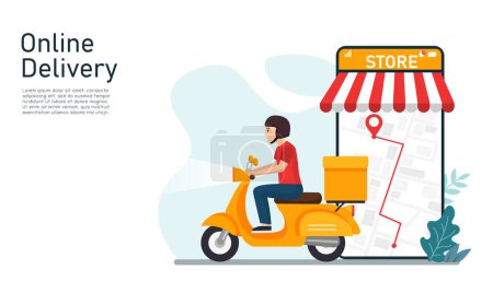 Illustration for Delivery scooter by on mobile. Online restaurant order food service. Customer location on phone devices. E-commerce concept. vector illustration flat design. Mobile application tracking a delivery. - Royalty Free Image