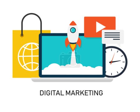 Illustration for Digital marketing with notebook. shopping online on computer. business and finance concept. vector illustration in flat style modern design. e-commerce business background. - Royalty Free Image