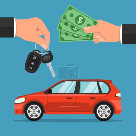 Illustration for Car sale concept. Dealer giving keys chain to a buyer hand. Customer pays for a car. vector illustration in flat style modern design. isolated on a blue background. - Royalty Free Image
