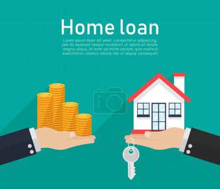 Buying and selling a house loan. long shadow on blue background. Real estate concept. Mortgage and payment of taxes. businessman hand and the customer exchanging money with the house key.