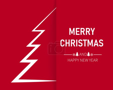 Illustration for Merry christmas and happy new year on red paper card. Pine tree on a red background greeting postcard. vector illustration in flat style modern design. - Royalty Free Image